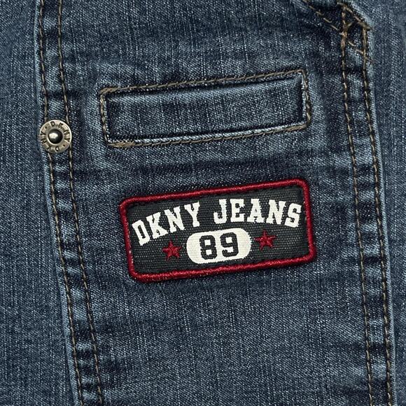 DKNY Jeans Skirt Womens 13 Blue Denim A-Line Utility Pockets Stretch Midi Patch - Picture 3 of 10